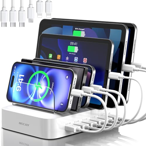 MSTJRY Charging Station for Multiple Devices : 6 Port USB Charger Stations - Family Multi-Device Organizer Charging Dock - Designed for iPhone iPad Android Cell Phone Tablet and Electronic, White - color: White