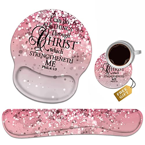 Keyboard Wrist Rest + Mouse Pad Wrist Support Set with Coasters, Non-Slip PU Base Ergonomic Mousepad for Home Office Working Studying Easy Typing & Pain Relief, Pink Background Bible Verse Phil 4-13 - color: Pink Background Bible Verse Phil 4-13