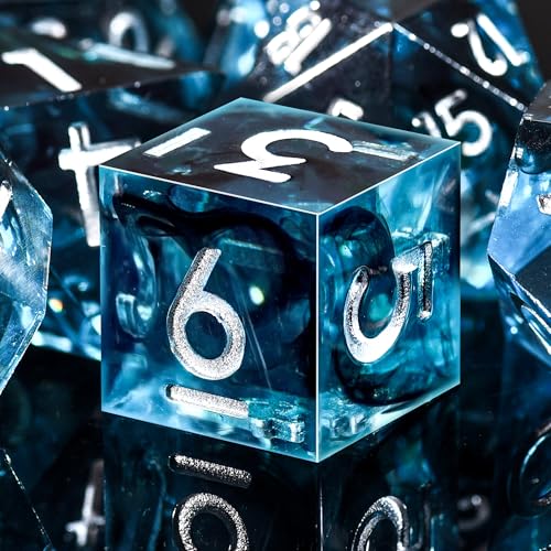 AUSTOR 7-Die DND Dice Set Handmade Sharp Edge Polyhedral Dice for Dungeons and Dragons D&D RPG MTG Table Games (Blue & Black, Silver) - color: Blue & Black，silver