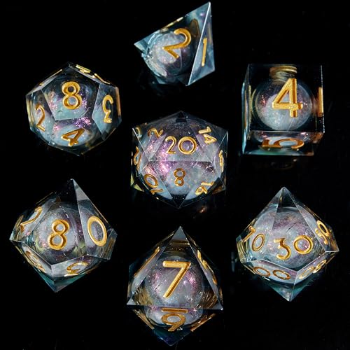 Fugacity Dice Set, Liquid Core Handmade Sharp Edge 7 Piece Resin Dice-for Dungeons and Dragons Polyhedral Dice Set, D&D Dice Set with Gift Dice Case for RPG MTG Table Games(White Sand & Golden) - color: Sand Flow-white