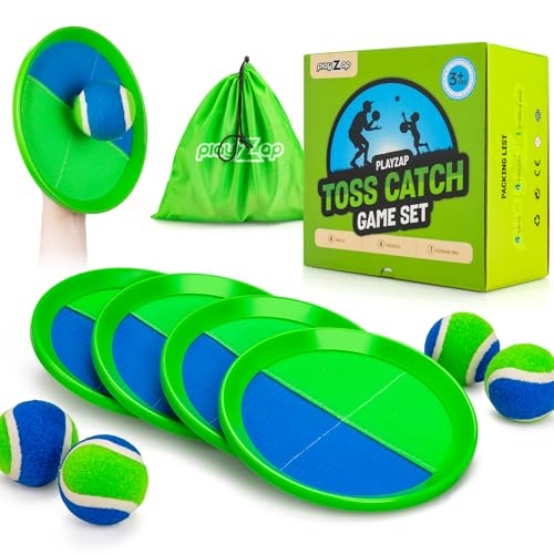 PlayZap Toss and Catch Ball Set, Pool Beach Toys Baseball Games for Family | Outdoor Toys Outside Yard Beach Camping Games for 3 4 5 6 7 8-12+ Years Old Boys Girls, Classic Birthday Gift for Kids Adults - color: Green 4 Paddles 4 Balls