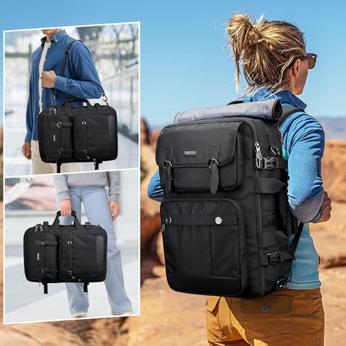PIJUSHI 3-In-1 Travel Backpack for Women with 16" Padded Laptop Compartment | Convertible Carry On Luggage/Duffel/Shoulder with 180° Open, USB Port, Dry/Wet Pocket for Airport, Daily, PE049 Black