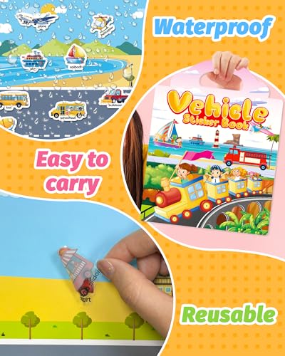 Walenced Reusable Sticker Book for Toddlers, Travel Stickers for Kids, Toddler Craft Activities Toys, Birthday Gifts for Boys & Girls - style: Vehicle