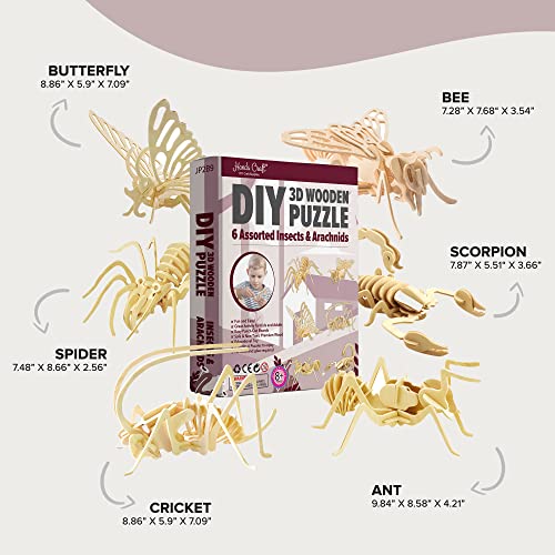 Hands Craft DIY 3D Wooden Puzzle – 6 Assorted Insects & Arachnids Bundle Pack Brain Teaser Puzzles Educational STEM Toy Adults and Kids to Build Safe and Non-Toxic Easy Punch Out Premium Wood JP2B9 - color: Insects & Arachnids