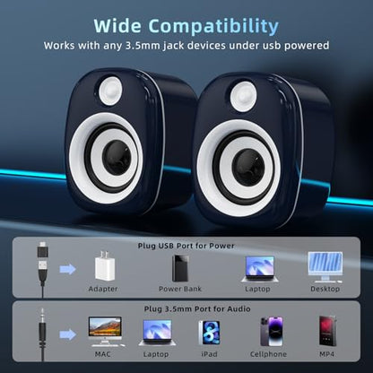 USB Speakers,Computer Speakers for Desktop PC,Desktop Gaming Speakers,Small Computer Speakers USB Powered 3.5mm Aux Speaker for PC,Laptop,Tablet,Monitor,Phone, Blue