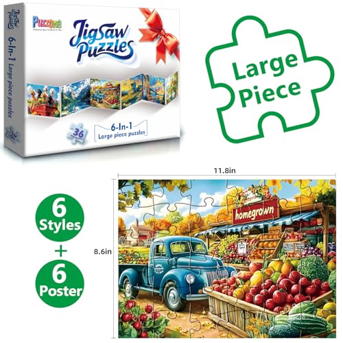 6 Pack 36 Piece Large Puzzles for Seniors Dementia Alzheimer's Puzzle Products Memory Activities for Elderly Adults Cognitive Easy Games Jigsaw Puzzle Gifts with Beautiful Scenic & Animal Art