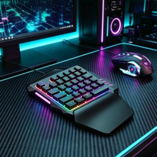 One Hand RGB Gaming Keyboard, Single Hand Keyboard with Wrist Rest, 35 Keys Portable Mini Half Gaming Keypad Mechanical Feeling Ergonomic Game Controller for PC Gamer