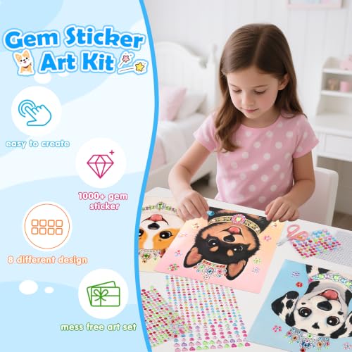 Gem Art Sticker Kit,Diamond Art Sticker Crafts for Kids Ages 4-12 | 8 Dog Themes, 1000+ Gems, no glue, no mess, Gemstone Sticker Arts and Crafts for Kids, Christmas Birthday Gift for Girls - color: Blue-Dog