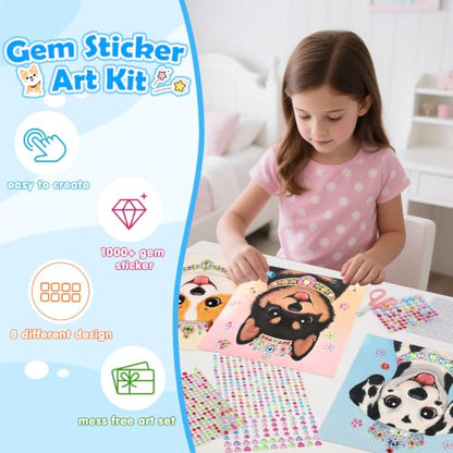 Gem Art Sticker Kit,Diamond Art Sticker Crafts for Kids Ages 4-12 | 8 Dog Themes, 1000+ Gems, no glue, no mess, Gemstone Sticker Arts and Crafts for Kids, Christmas Birthday Gift for Girls - color: Blue-Dog