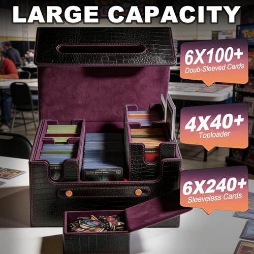 MTG Commander Deck Box, 4-in-1 Trading Card Storage Case fits 400+ Double Sleeved Cards, Premium PU Leather Deck Box MTG with Display Window & 4 Detachable Cases - Black & Red - color: 4IN1BlackPurple