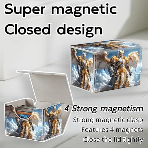 Trading Card Storage Box, Holds 100+ for MTG Cards, PU Leather with Magnetic Closure, Golden Winged Knight in Sky Fantasy Durable Deck Box for Magic the Gathering, Trading Card Games - color: Golden Winged Knight in Sky Fantasy