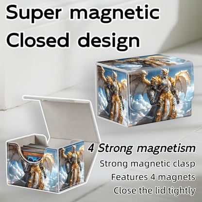 Trading Card Storage Box, Holds 100+ for MTG Cards, PU Leather with Magnetic Closure, Golden Winged Knight in Sky Fantasy Durable Deck Box for Magic the Gathering, Trading Card Games - color: Golden Winged Knight in Sky Fantasy