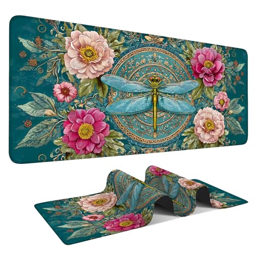 Large Mouse Pad & Keyboard Mat 35x16 Inches, Vintage Peony and Gold Dragonfly Floral Art Non-Slip Rubber Base Desk Mat, Large Extended Desk Protector for Home Office Gaming Setup - color: 21, size: 35" x 16"