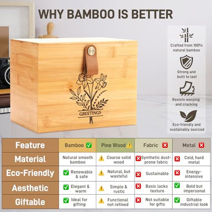 Large Bamboo Greeting Card Organizer Box with 6 Removable Dividers, Real Leather Handle, 100% Handmade Solid Bamboo, Storage Box for Christmas, Valentine, & Birthday Cards, Postcards, Stationery - color: Wood