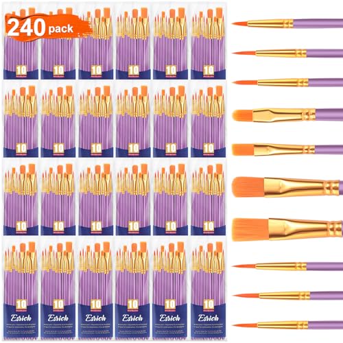 ESRICH Acrylic Paint Brush Set, 24Pack 240Pcs Paint Brushes | Nylon Brush Head for Oil Paint Brush Supplies, Kid Adult Watercolor Painting Arts and Craft Paint Brush Kit (Purple) - color: Purple, size: 240