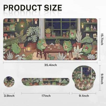 Arttown Keyboard Mouse Pad Set, 4 in 1 Desk Mat Set Frog Cute | Cartoon Plant Large Mousepad+Keyboard Wrist Rest+Mouse Wrist Rest+Coaster Ergonomic Design for Home Office Computer - color: Cute Frog