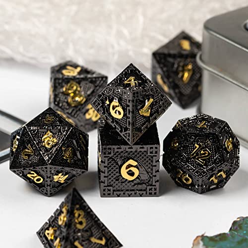 UDIXI Metal DND Dice Set Polyhedral D&D Dragon Metal Dice for RPG (Black) | 7-Pieces, Dragon Carved, Chain-edge Design, Metal Gift Box, DM Gift, for Dungeons and Dragons Role Playing Games - color: Chain Frame-black Golden