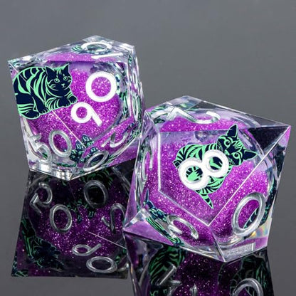 KERWELLSI Cat Liquid Core DND Dice Set with Gift Box, 7Pcs Resin Dungeons Sharp Edge D&D Dice, Dragons D and D Role Playing Dice D20 D12 D10 D8 D6 D4, Purple and Light Green Cat - color: Purple and Light Green Cat