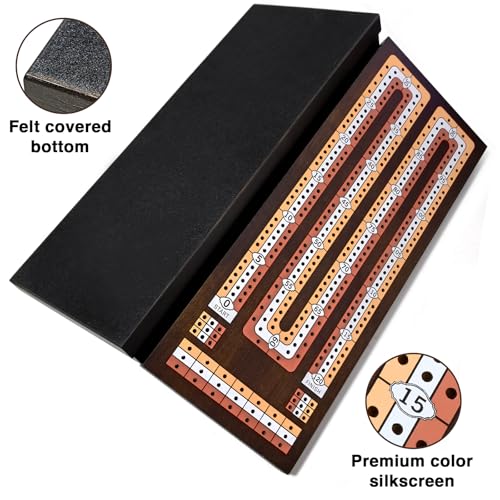 BIVOMON Wooden Cribbage Board Game Set with Large Storage Area, 3 Track Cribbage Board, 9 Metal Pegs｜2 Playing Cards｜Magnetic Lock, Family Travel Portable Tabletop Game for Adults & Kids (Instruction)