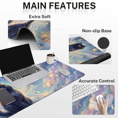 Britimes Starry Clouds Keyboard Mouse Pad Set Whimsical Cat 4in1 Large Mousepad+Keyboard Wrist Rest+Mouse Wrist Rest+Coaster Ergonomic Design for Home Office Computer 35.4x15.7 inches - color: Starry Clouds and Cat