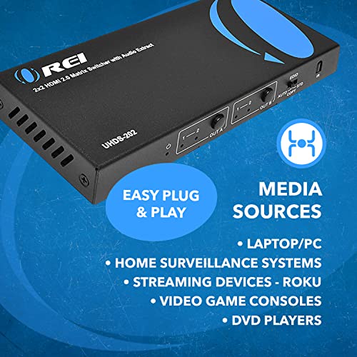 OREI 2x2 HDMI Matrix Switch 4K@60Hz with Audio Extraction, IR Remote, EDID | HDMI Matrix 2x2, HDMI Matrix Switch – 18Gbps, HDR, Dolby TrueHD, DTS-HD, optical & analog PCM 2.0 audio - size: 2x2 Matrix