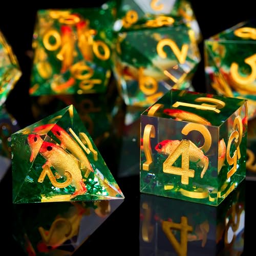 Moss and Koi Fish DND Dice Set - 7Pcs Sharp Edge Resin Polyhedral Game Dice for D&D RPG - Includes D20, D12, D10, D8, D6, D4 - Moss Agate Fish Design(Gold) - color: Gold