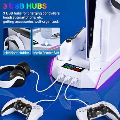 PS5 / PS5 Slim Cooling Station with Controller Charging Station - LED Light Cooling Stand for Playstation 5 Slim Disc/Digital Console, Accessories Incl RGB Light/Cooler Fan/3 USB Hubs/Headset Holder