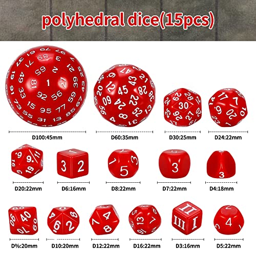 CiaraQ DND Polyhedral Dice Set (15pcs) D4-D100 Game Dice with Dice Bag | Acrylic Role Playing Dice for Dungeons and Dragons MTG Table Games (Red & White) - color: Red & White