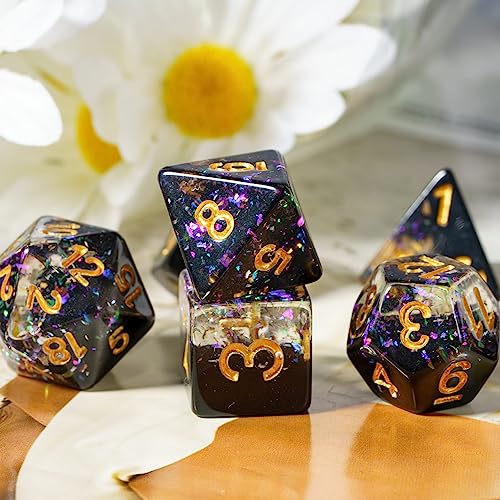 Black DND Dice Set Foil Polyhedral Dice Set D&D for Tabletop Games | Leather Storage Bag, DM Gift, for Dungeons and Dragons Role Playing Games - color: Black