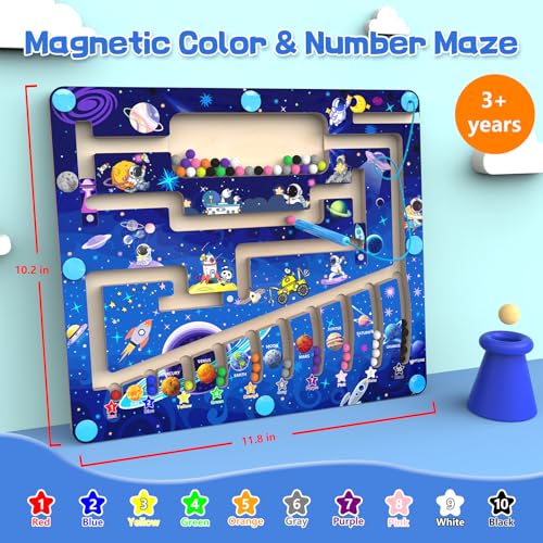 MTYOKILN Magnetic Color and Number Maze - Montessori Toy for 3 4 5 Year Old | Wooden Color Matching Learning Counting Puzzle Board - style: Space