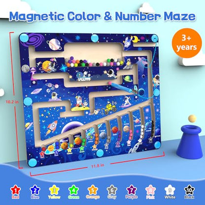 MTYOKILN Magnetic Color and Number Maze - Montessori Toy for 3 4 5 Year Old | Wooden Color Matching Learning Counting Puzzle Board - style: Space
