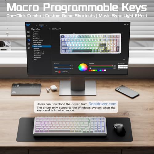 Aula F99 Wireless Mechanical Keyboard, BT5.0/2.4GHz/USB-C, Gasket Mounted Creamy Linear Switches Pre-lubed, Side Printed PBT Keycaps, RGB Backlit Hot Swappable Gaming Keyboard for Win/Mac - color: White