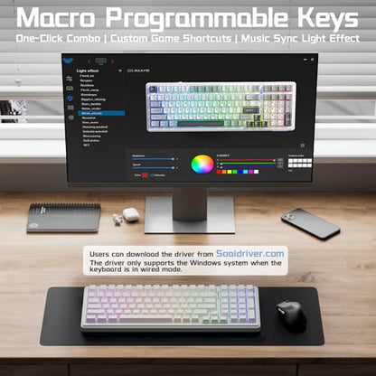 Aula F99 Wireless Mechanical Keyboard, BT5.0/2.4GHz/USB-C, Gasket Mounted Creamy Linear Switches Pre-lubed, Side Printed PBT Keycaps, RGB Backlit Hot Swappable Gaming Keyboard for Win/Mac - color: White