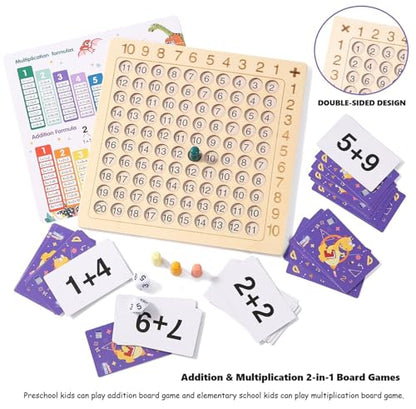 2 in 1 Multiplication Addition Math Board Game for Kids - Wooden Montessori Math Toys for Girls Boys 4 5 6 7 8 9 Years Old Wood Double Sided Board Table Dice Card Games for Family
