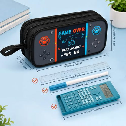 Game Controller Pencil Case for Boys Kids Teens, Large Capacity Pencil Pouch with 3 Compartments, 7 Pockets and Label Pocket for School College Office Travel (Gray) - color: Gray