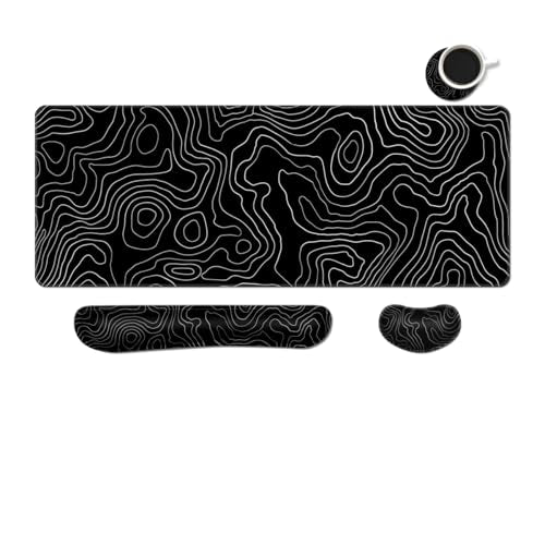 Desk Mat, Large Gaming Mouse Pad with Wrist Rest, 4 in1 XXL Mouse pad+Keyboard Wrist Rest+Mouse Pad Wrist Support+Cup Coaster Set, Ergonomic Desk Pad for Home Office, Topographic Line - color: Topographic Line