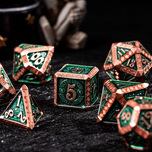 7-Piece Metal Dice Set - Mayan-Themed Zinc Alloy DND Dice for Tabletop Gaming, Gift, and Collecting - color: Mayan-themed-copper Green