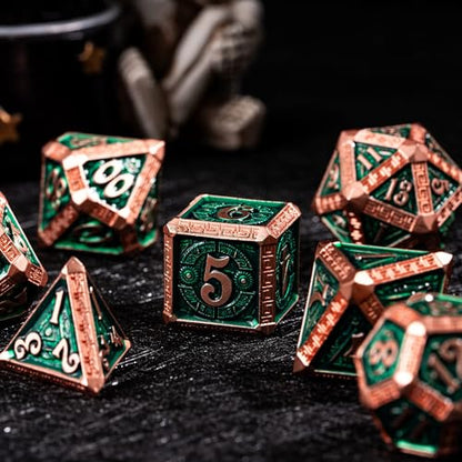 7-Piece Metal Dice Set Metallic Polyhedral DND Dice Set | Mayan-Themed Zinc Alloy Compatible with Dungeons and Dragons Tabletop Gaming, Gift, and Collecting - color: Mayan-themed-copper Green