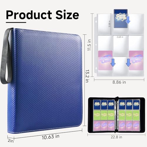 9 Pocket Trading Card Binder, Holds 1080 Cards with 60 Removable Double-Sided Sleeves, Premium Zipper Top Loader Card Collection Album, PU Card Folder Holder for MTG, TCG, Baseball, Sports Cards - color: Blue