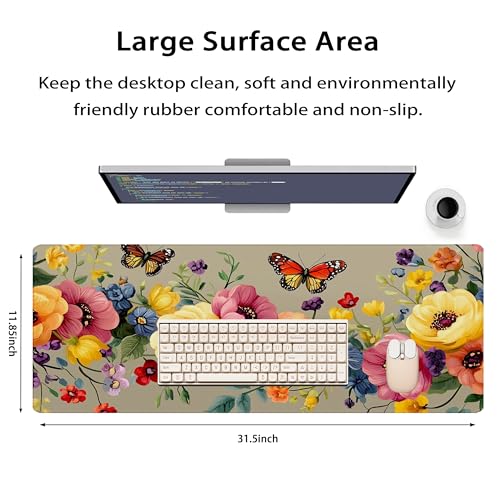 31.5”x11.8”Large Gaming Mouse Pad for Desk, Mouse Mat with Seamed Edges, Waterproof Desk Pad, Non-Slip Rubber Base, Keyboard Pad Computer Mat, Big XL Mousepad-Boho Floral with Butterflies - color: Boho Floral With Butterflies