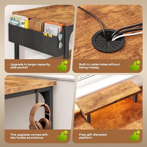 DurayLoly 47" Study Computer Desk with Thicken Frame, RGB LED&Power Outlets | 24" Widened Desktop,Detachable Stand, Hooks & Storage Bag, 110LBS Capacity, Home Office Desk, Brown - color: Brown, size: 47 Inch