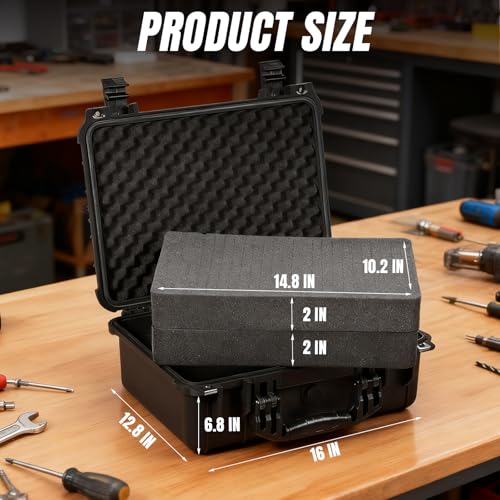 Jack Boss 16x 12.8x 6.8 Inch Hard Case, Portable Weather Waterproof Protective Camera Case with Customizable Foam, Fit Use of Drones, Camera, Equipments, Black - color: BLACK, size: 16x12.8x6.8 in