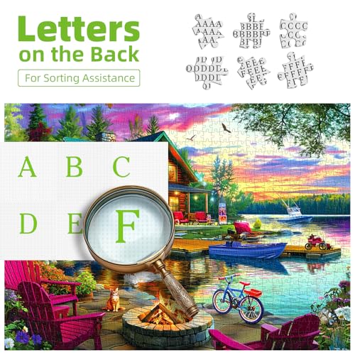 1000 Piece Puzzle for Adults Lakeside Sunset Log Cabin Jigsaw Adult Puzzles with Fire Pit & Dock Lake Landscape Puzzle with Letters on Back, Fun Games for Adult Game Night - color: Colorful- Sunset Log Cabin
