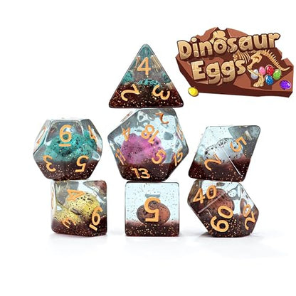 Gate Keeper Games and Dice: Inclusion Dice: Dinosaur Eggs - 7pc RPG Set, Multi-Colored Dino Eggs & Brown Glitter in Clear Resin, Role Playing Games - style: Dinosaur Egg