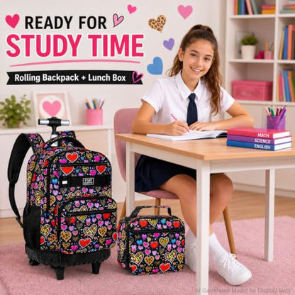 3Pcs Rolling Backpack for Girls Women, Leopard print Travel Roller Backpacks with Wheels for Adults, Teens College Wheeled Bookbag with Lunch Box(Brown) - color: Brown Love