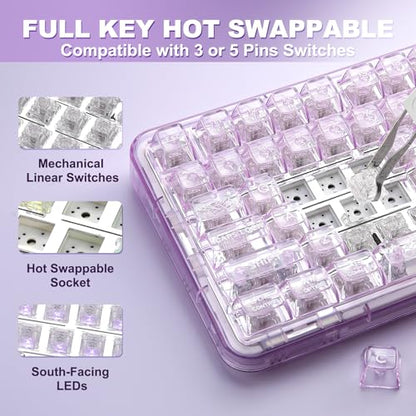 YUNZII X98 Wireless Mechanical Keyboard with Knob (Purple, Crystal Switch) | BT5.0/USB-C/2.4GHz,1800 Layout with Number Pad,Pre-lubed Switches Gasket Mount ,Clear Keyboard with RGB for Wins/Mac/Gaming - color: Purple, size: Crystal Switch