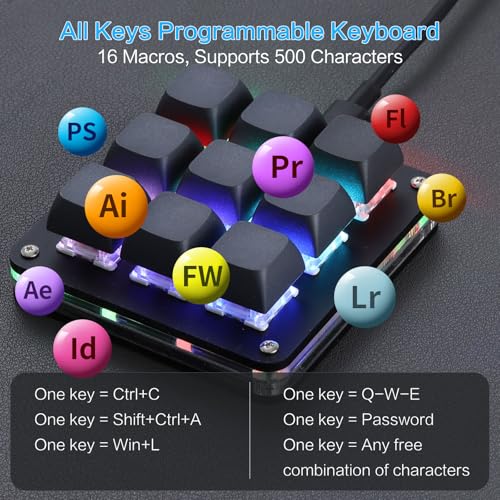 Koolertron Macro Programmable Keypad, One Handed Programmable Mechanical Keyboard, RGB Blue Switch Hot Swappable, 9 Keys Backlit Keypad for Working and Gaming, Black - size: 9-key (No Knob)