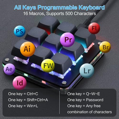 Koolertron Macro Programmable Keypad, One Handed Programmable Mechanical Keyboard, RGB Blue Switch Hot Swappable, 9 Keys Backlit Keypad for Working and Gaming, Black - size: 9-key (No Knob)
