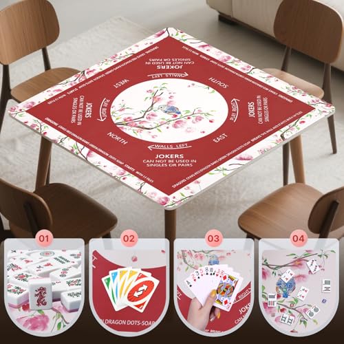DEVPNR Mahjong Mat for Table with Black Carrying Bag, 32.6"x32.6", Red | Non-Slip Table Cover, Noise-Reducing, with Rules, Easy Storage, for American Mahjong, Poker, Card & Board Games - color: Red