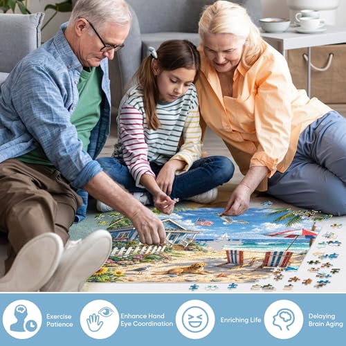 500 Piece Jigsaw Puzzle for Adults, Beach Seaside Puzzle with House Sunflowers Dogs Seagulls, Coastal Landscape Puzzles 500 Piece for Seniors Teens, Funny Relaxing Family Puzzles Gift 20.5 x 15 in